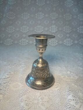 Vintage 1970s World Gift ZY India Silver Bell Candle Holder
